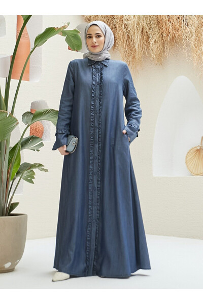 Full-Length Buttoned Abaya - Dark Blue - Neways - 1