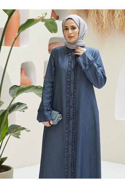 Full-Length Buttoned Abaya - Dark Blue - Neways - 3