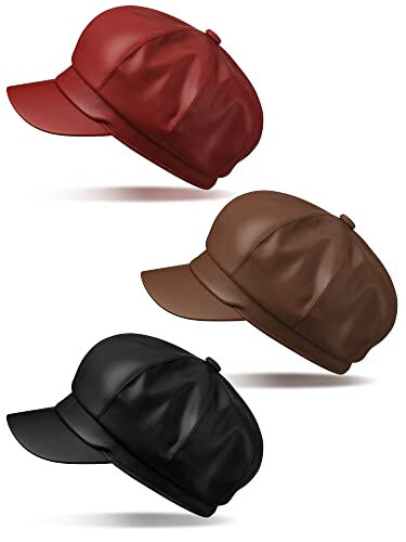 Funtery 3 Pcs Women Newsboy Hats PU Leather Visor Beret Cabbie Hat 8 Panel Vintage Women Fiddler Cap Faux Leather Baker Hat - 1