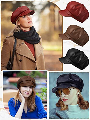 Funtery 3 Pcs Women Newsboy Hats PU Leather Visor Beret Cabbie Hat 8 Panel Vintage Women Fiddler Cap Faux Leather Baker Hat - 3