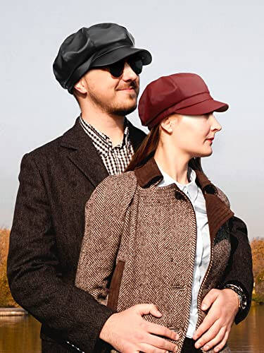 Funtery 3 Pcs Women Newsboy Hats PU Leather Visor Beret Cabbie Hat 8 Panel Vintage Women Fiddler Cap Faux Leather Baker Hat - 5