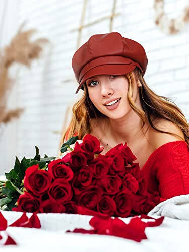 Funtery 3 Pcs Women Newsboy Hats PU Leather Visor Beret Cabbie Hat 8 Panel Vintage Women Fiddler Cap Faux Leather Baker Hat - 6