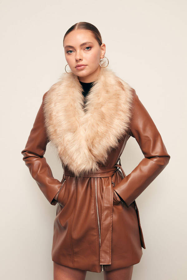 Fur Detailed Leather Jacket - Brown - 1