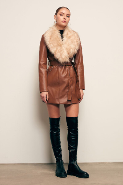 Fur Detailed Leather Jacket - Brown - 2