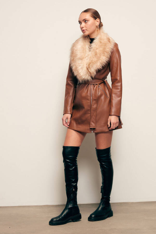 Fur Detailed Leather Jacket - Brown - 3