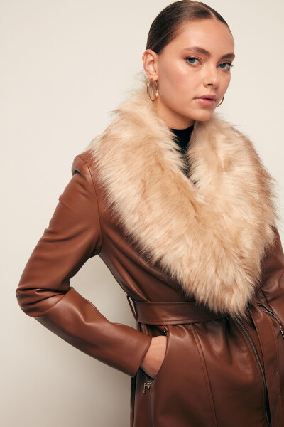 Fur Detailed Leather Jacket - Brown - 4