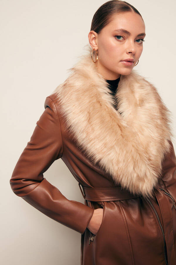 Fur Detailed Leather Jacket - Brown - 4