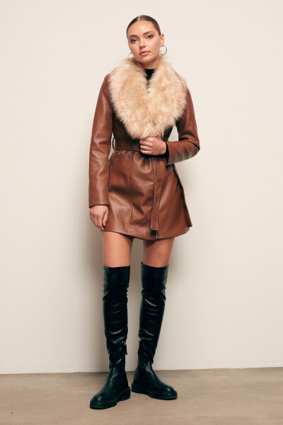 Fur Detailed Leather Jacket - Brown - 5