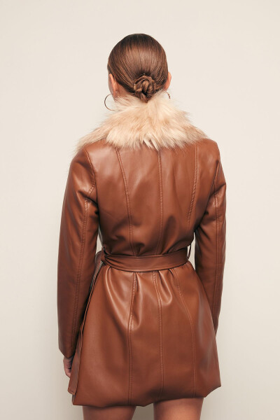 Fur Detailed Leather Jacket - Brown - 7