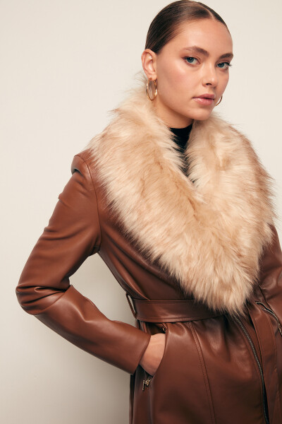 Fur Detailed Leather Jacket - Brown - 11