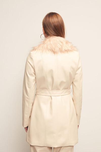 Fur Detailed Leather Jacket - STONE - 7