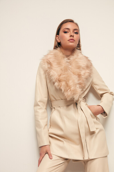 Fur Detailed Leather Jacket - STONE - 8