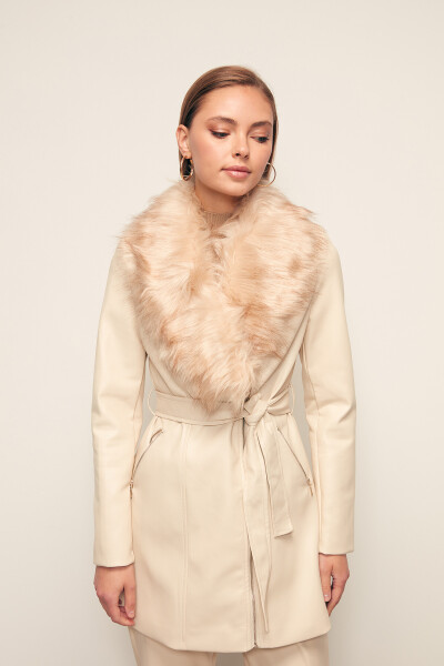 Fur Detailed Leather Jacket - STONE - 12