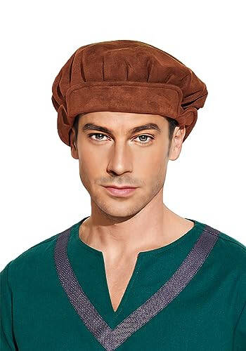 FURPHI Medieval Beret Cap for Men Women Faux Suede Hat Christmas Costume Renaissance Faire Accessories - 2