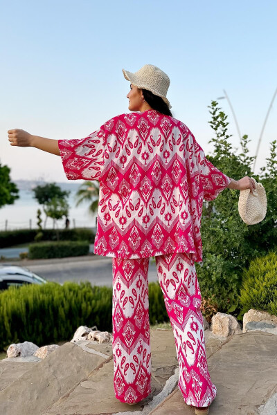 Fuşya Renk Desenli İkili Kimono Takım (RAHAT KALIP) - 4