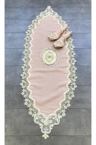 Gardenia Powder French Lace 12 Person 26 Piece Dowry Tablecloth Runner Set - 2