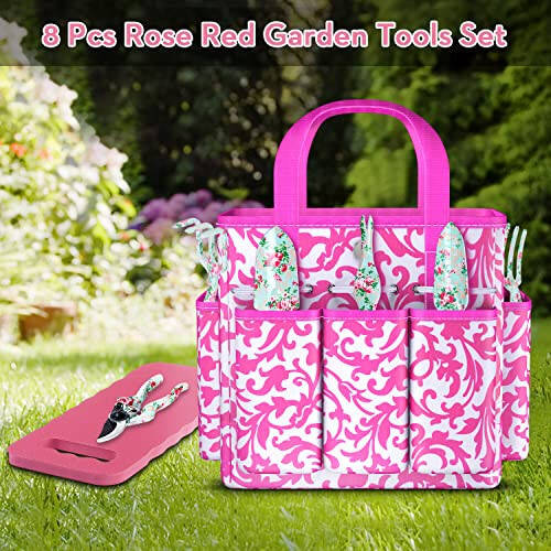 Gardening Tools, 8 Pcs Heavy Duty Floral Garden Tool Set Birthday Gifts for Women WANCHI Rose Red Gardening Kit (Garden Tool Bag Kneeling Pad Weeder Fork Hand Rake Pruning Shears Trowel Transplanter) - 3