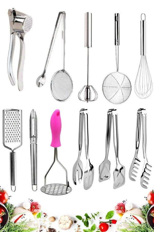 Garlic Press Potato Masher Fry Tongs Wire Whisk Colander Strainer Ladle Grater Zucchini Peeler - 1