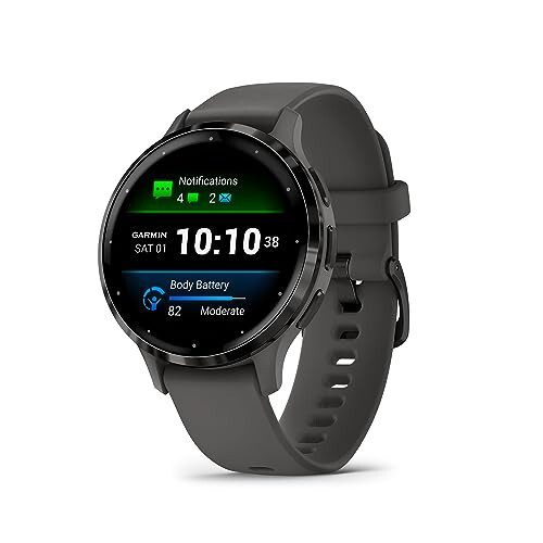 Garmin Venu 3S Slate Paslanmagan po'lat bezelli 1.2 dyuymli AMOLED tegin ekranli aqlli soat, 41 mm tosh kulrang korpus va silikon tasma bilan - 1