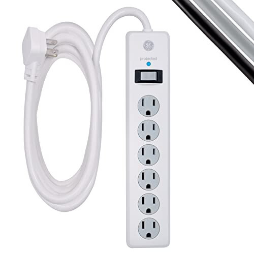 GE 6-Outlet Surge Protector, 10 Ft Extension Cord, Power Strip, 800 Joules, Flat Plug, Twist-to-Close Safety Covers, UL Listed, White, 14092 - 1