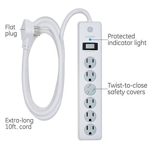 GE 6-Outlet Surge Protector, 10 Ft Extension Cord, Power Strip, 800 Joules, Flat Plug, Twist-to-Close Safety Covers, UL Listed, White, 14092 - 2