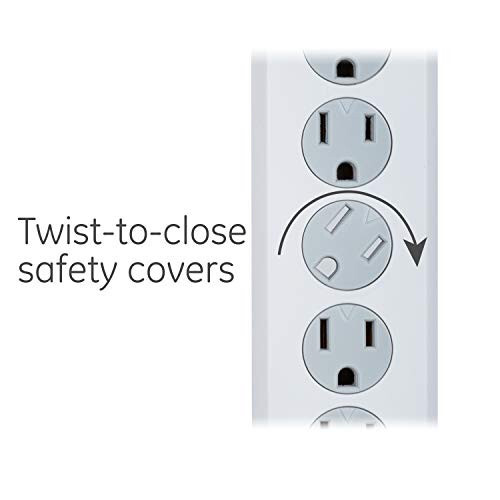 GE 6-Outlet Surge Protector, 10 Ft Extension Cord, Power Strip, 800 Joules, Flat Plug, Twist-to-Close Safety Covers, UL Listed, White, 14092 - 5