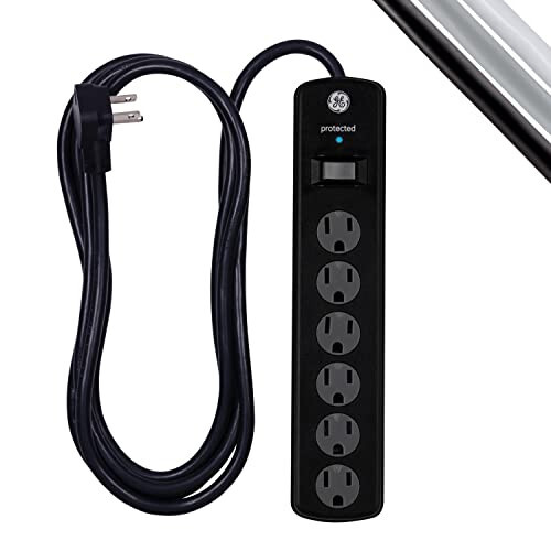 GE 6-Outlet Surge Protector, 8 Ft Extension Cord, Power Strip, 1300 Joules, Flat Plug, Twist-to-Close Safety Covers, Protected Indicator Light, UL Listed, Black, 33662 - 1