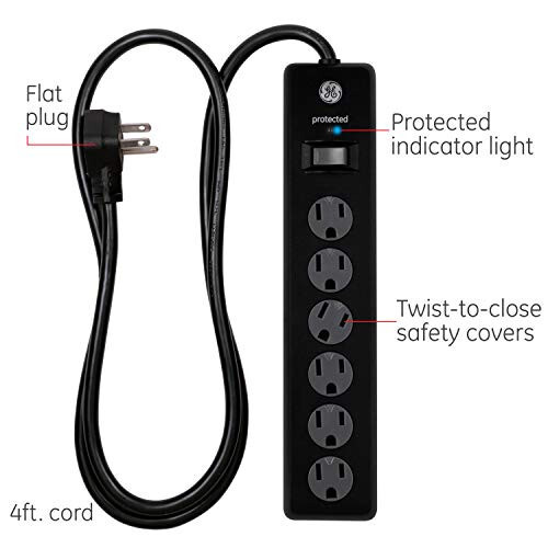 GE 6-Outlet Surge Protector, 8 Ft Extension Cord, Power Strip, 1300 Joules, Flat Plug, Twist-to-Close Safety Covers, Protected Indicator Light, UL Listed, Black, 33662 - 2