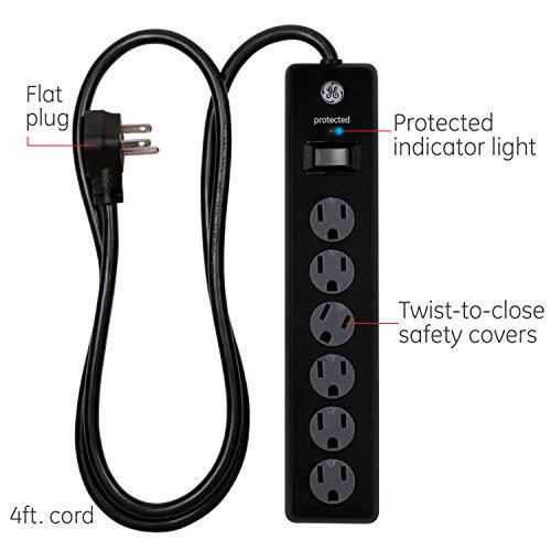 GE 6-Outlet Surge Protector, 8 Ft Extension Cord, Power Strip, 1300 Joules, Flat Plug, Twist-to-Close Safety Covers, Protected Indicator Light, UL Listed, Black, 33662 - 2