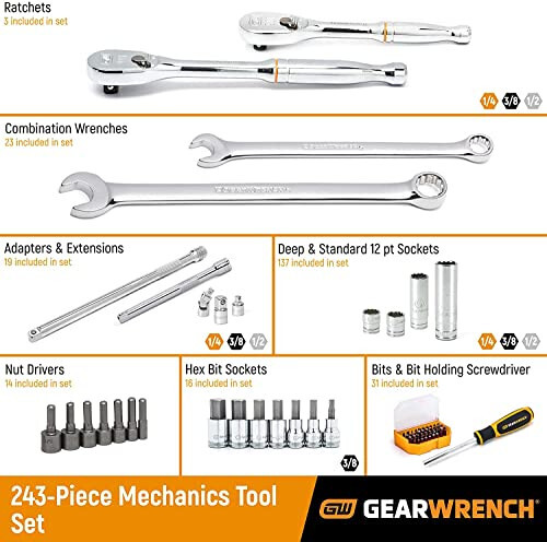 GEARWRENCH 243 Parça Mekanik Alet Seti 3 Çekmeceli Saklama Kutusu | 12 Köşeli | 80972 - 2