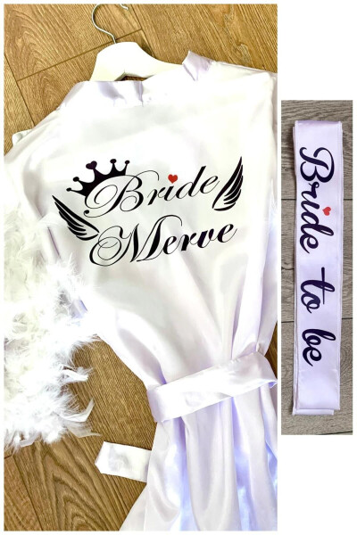 Gelin Sabahlığı Bride Sabahlık Kollar Tüylü Ve Bride To Be Kuşak - 1