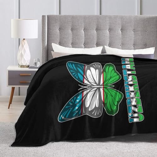 Generic Butterfly Uzbekistan Uzbekistan Flag Throw Blanket 50X40in Warm Super Soft Flannel Blankets for Bed Sofa Great Gift6, Black - 2