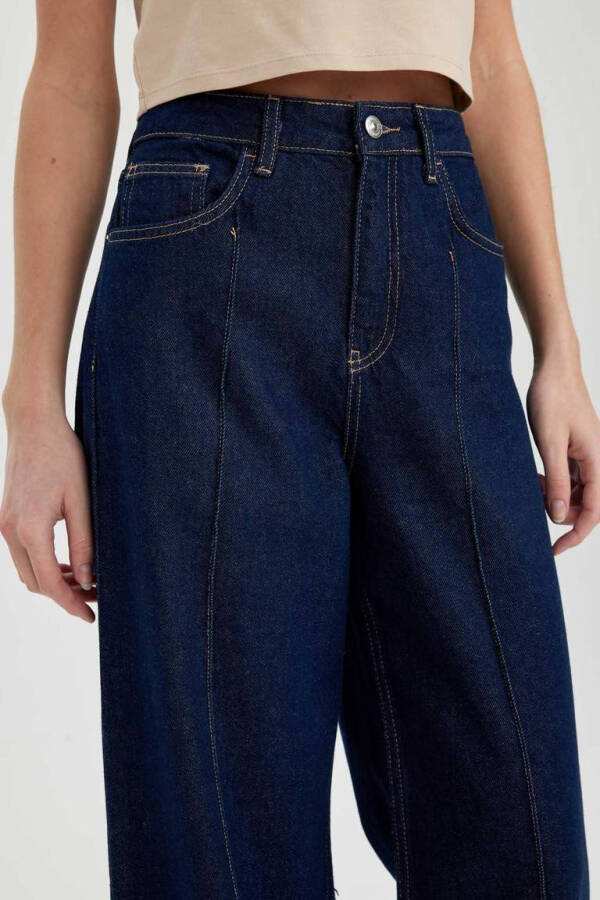 Geniş Paça Yüksek Bel Crop Jean Pantolon Koyu Mavi - 5