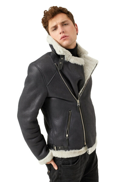 Genuine fur, black inside, white fur, side zipper, buckle, slim fit, biker men's coat. - 1