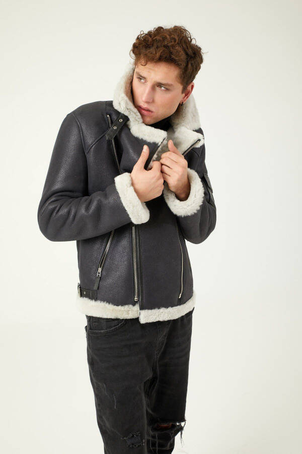 Genuine fur, black inside, white fur, side zipper, buckle, slim fit, biker men's coat. - 2