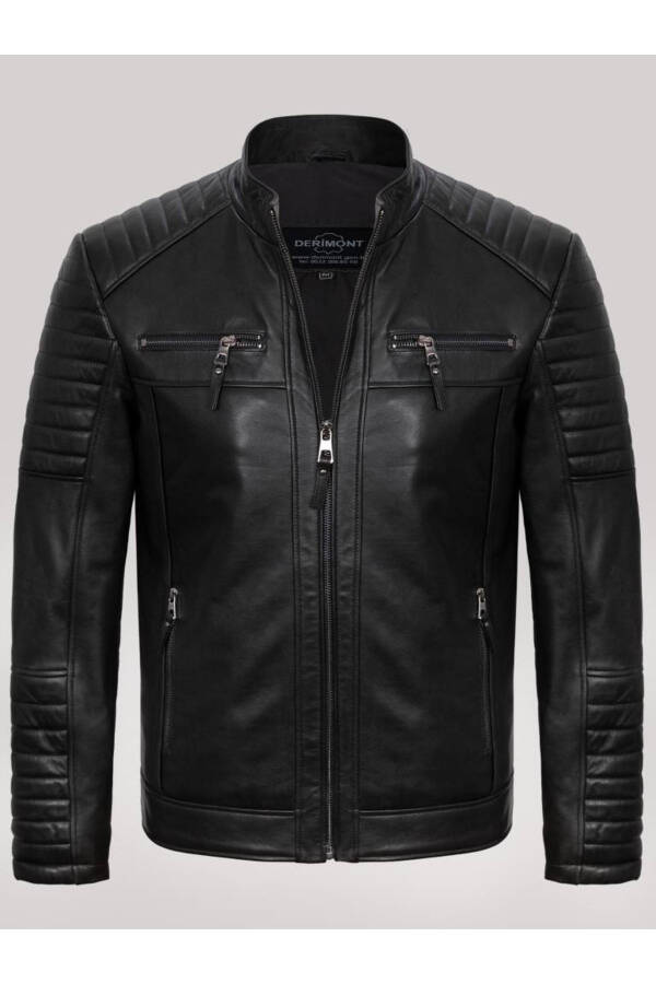 Genuine Leather Black Four Pocket Embroidered Men's Leather Jacket - 1