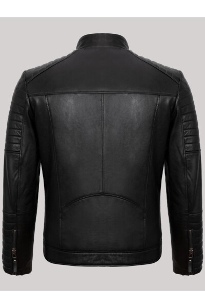 Genuine Leather Black Four Pocket Embroidered Men's Leather Jacket - 2