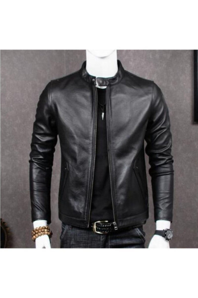 Genuine Leather Black Men's Leather Jacket Stand Collar Side Pocket Leather Jacket - 1