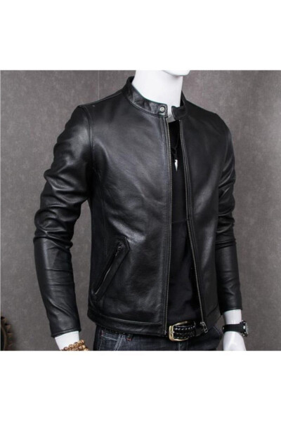 Genuine Leather Black Men's Leather Jacket Stand Collar Side Pocket Leather Jacket - 2