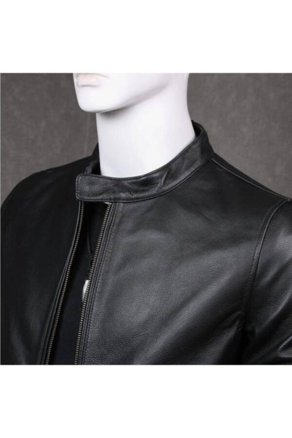 Genuine Leather Black Men's Leather Jacket Stand Collar Side Pocket Leather Jacket - 3