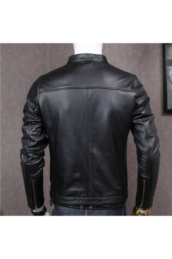 Genuine Leather Black Men's Leather Jacket Stand Collar Side Pocket Leather Jacket - 4