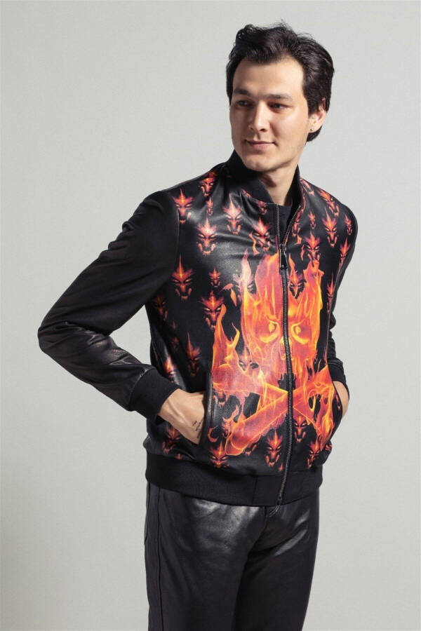 Genuine leather bomber jacket, black flame print, knitted lining, zippered waist and sleeves. - 1