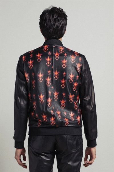 Genuine leather bomber jacket, black flame print, knitted lining, zippered waist and sleeves. - 2