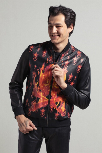 Genuine leather bomber jacket, black flame print, knitted lining, zippered waist and sleeves. - 3