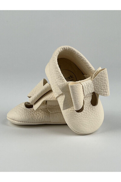 Genuine Leather Cream Butterfly Bow Girl Baby Moccasin Slippers - 1