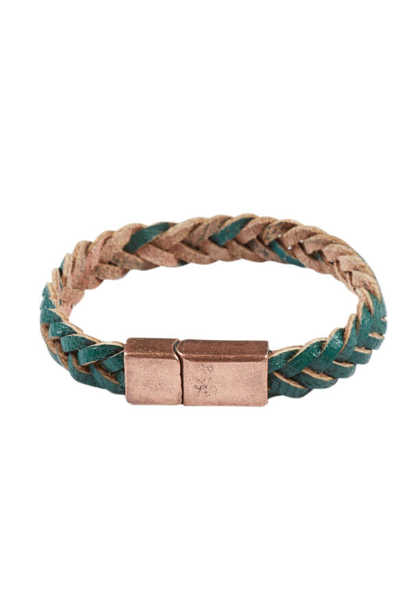 Genuine leather green coffee braided bracelet - 1