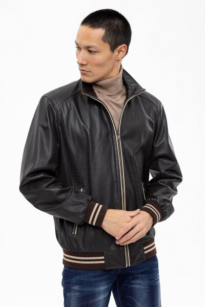 Genuine Leather Jacket with Beige Trim, Zipper Closure, Knitted Cuffs and Waistband, Steve Collar, Fleece Lining - 2