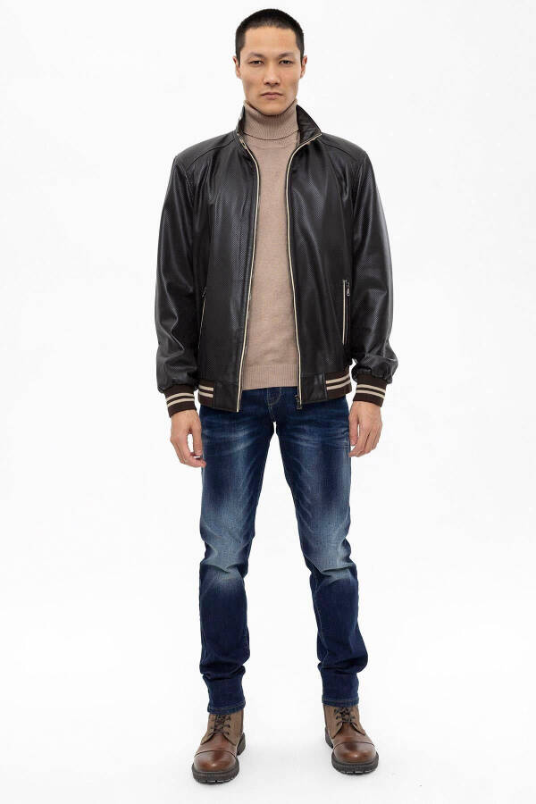 Genuine Leather Jacket with Beige Trim, Zipper Closure, Knitted Cuffs and Waistband, Steve Collar, Fleece Lining - 3