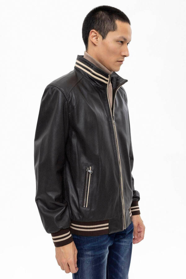 Genuine Leather Jacket with Beige Trim, Zipper Closure, Knitted Cuffs and Waistband, Steve Collar, Fleece Lining - 4