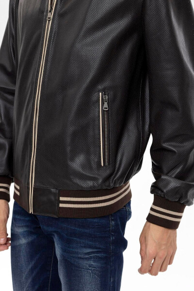 Genuine Leather Jacket with Beige Trim, Zipper Closure, Knitted Cuffs and Waistband, Steve Collar, Fleece Lining - 5